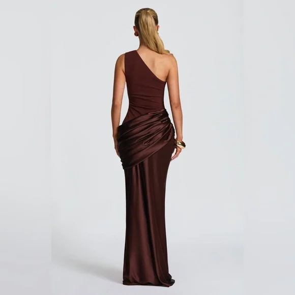 Elegant One-Shoulder Brown Dress S MC3 - Picture 4 of 6